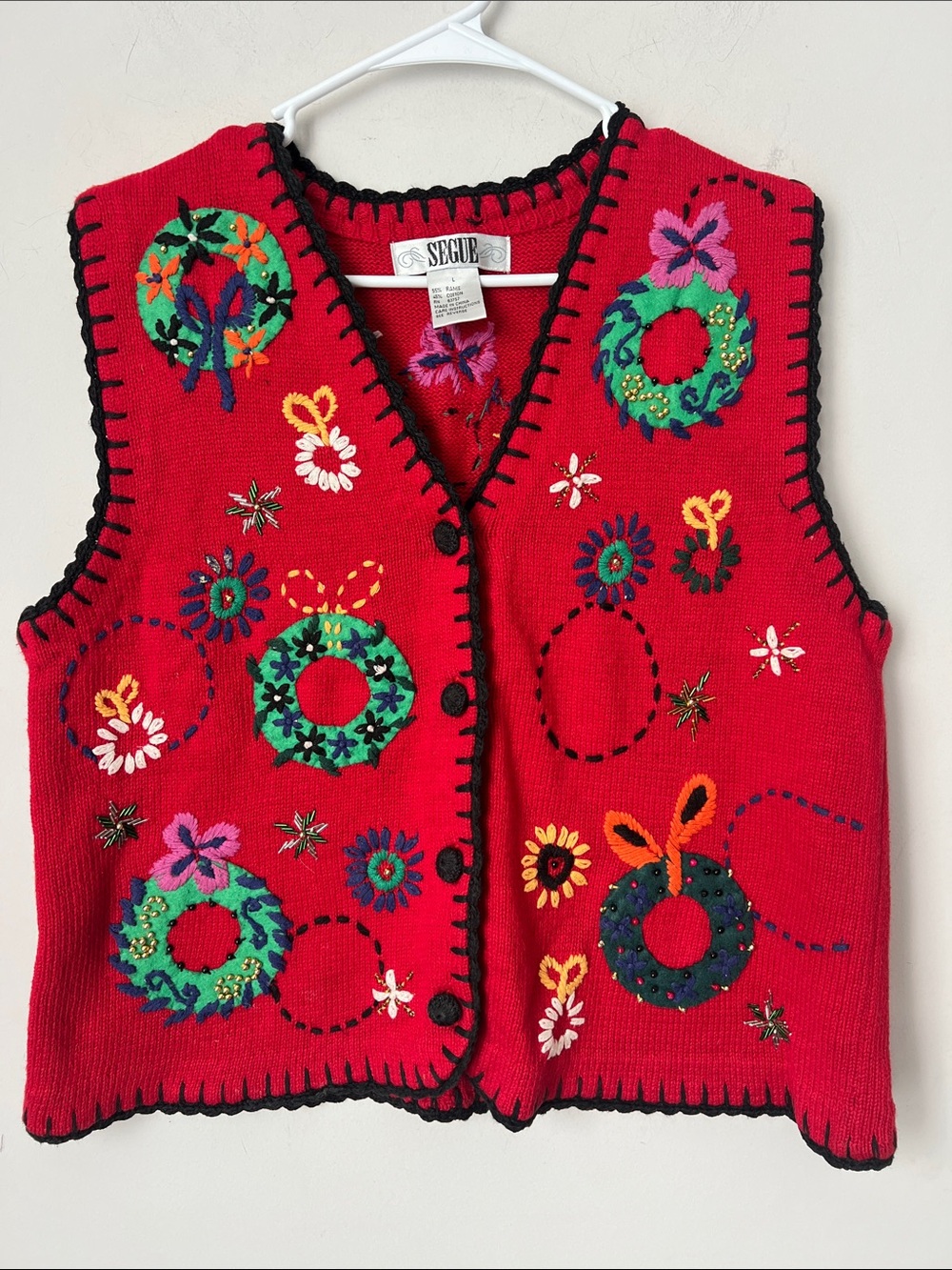 Vintage 90s Christmas Seque Embroidered Cottagecore Vest Sz Lg 🟩